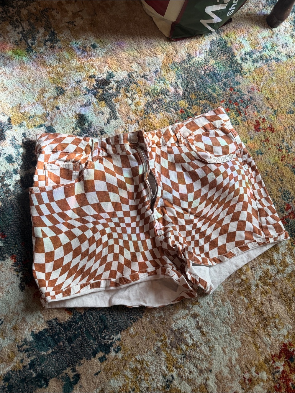 SHEIN Brown and White Checkerboard High-Rise Jean Shorts